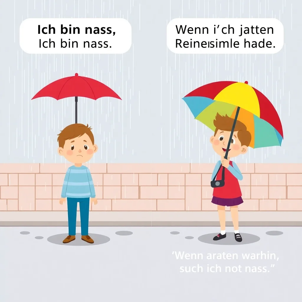 Split-screen illustration demonstrating German Konjunktiv II conditional sentences with umbrella scenario
