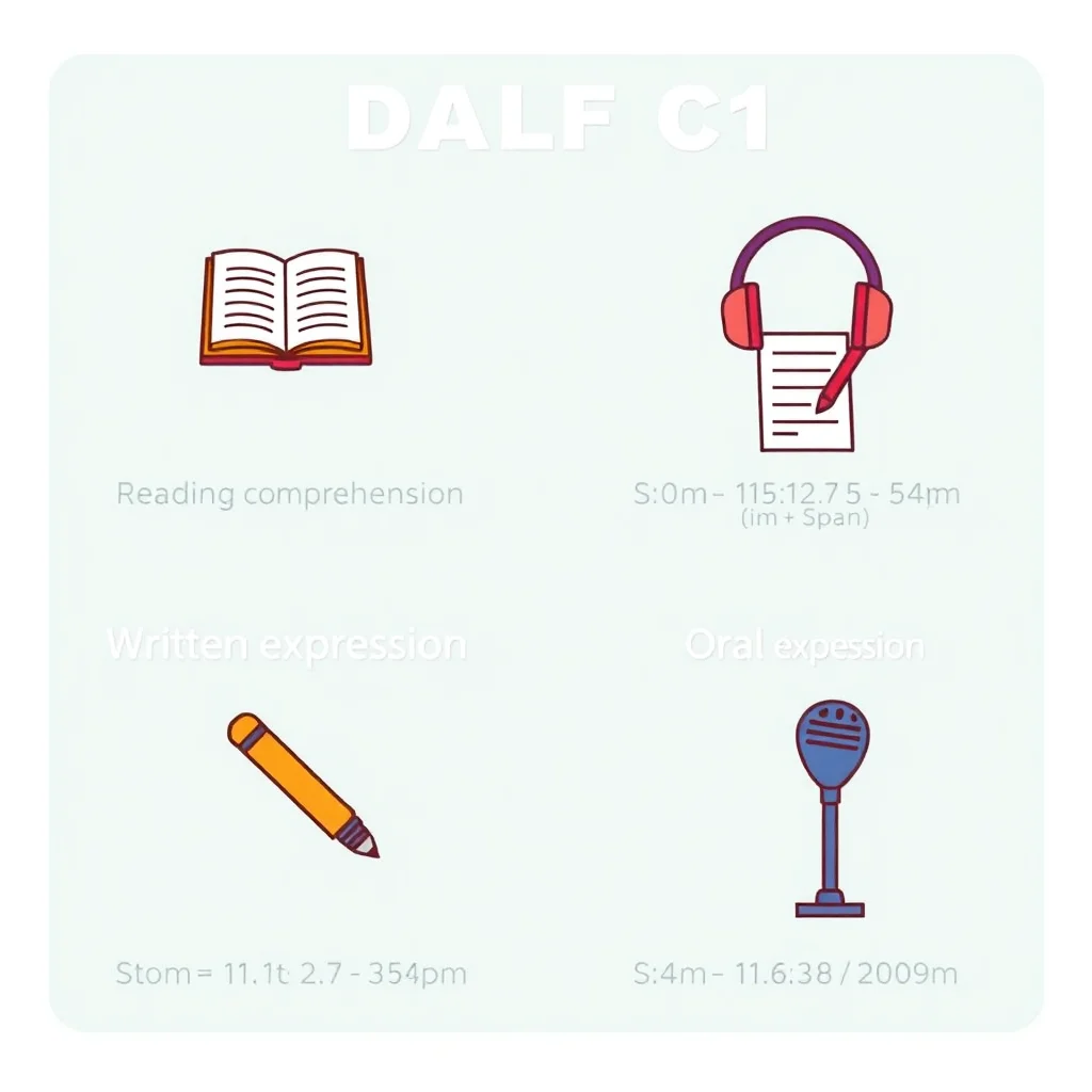 Schéma des quatre épreuves du DALF C1 avec icônes et durées : compréhension écrite, orale, expression écrite et orale