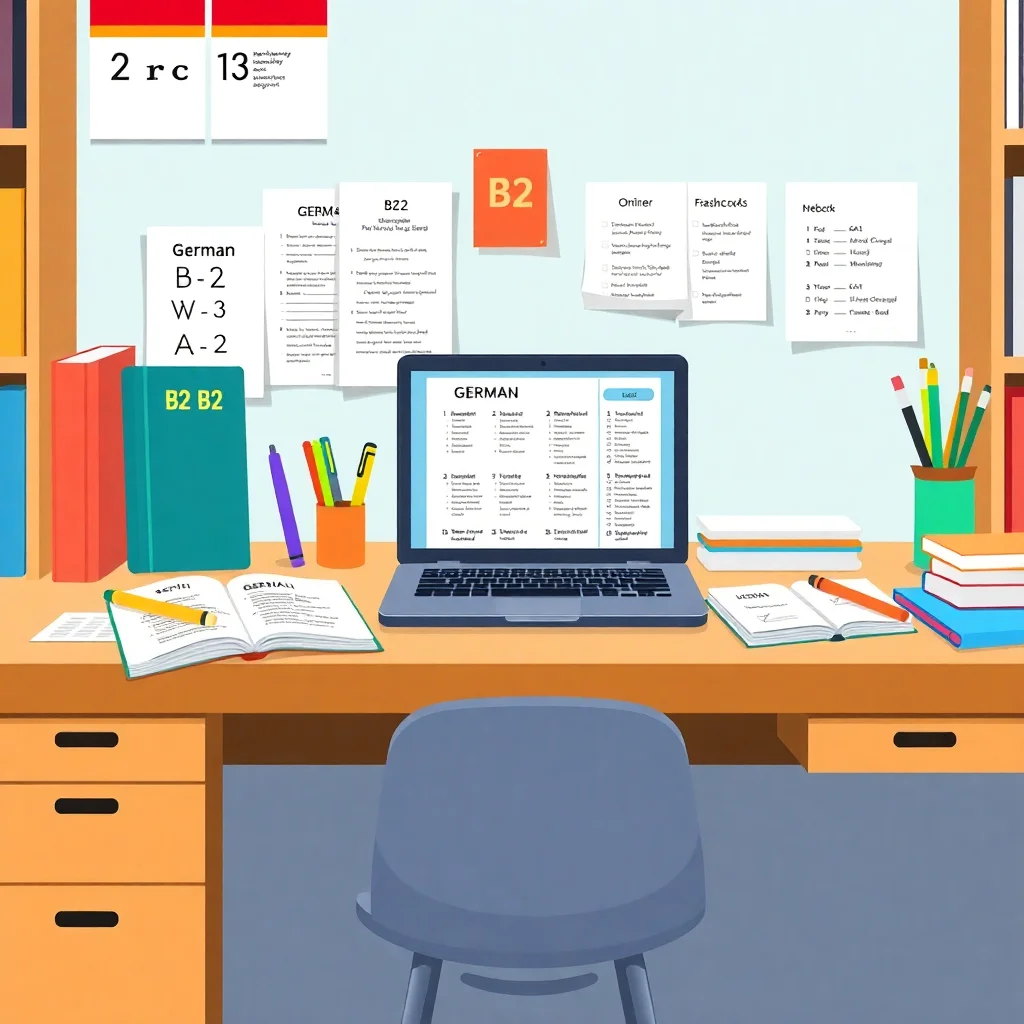 Study desk with German B2 learning materials and revision tools