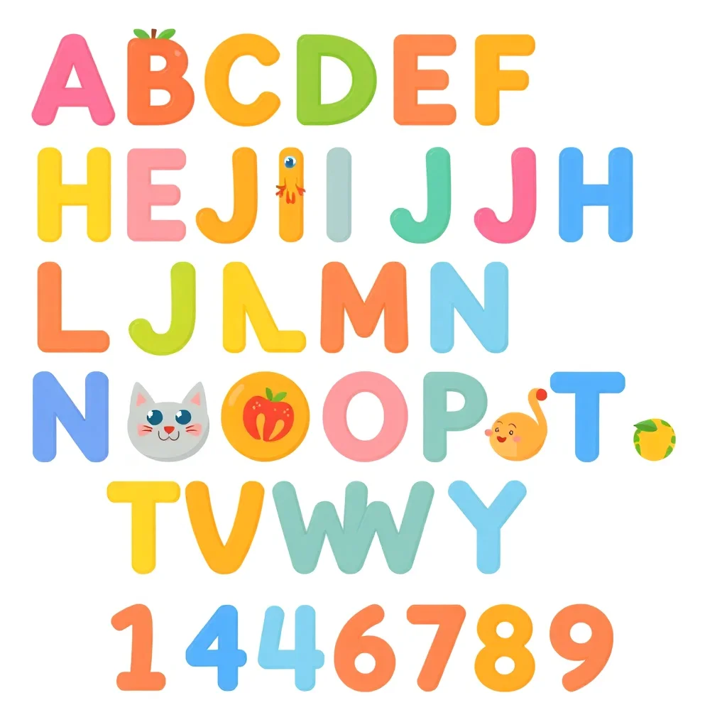 Complete English alphabet chart with uppercase and lowercase letters paired with corresponding objects for pronunciation learning