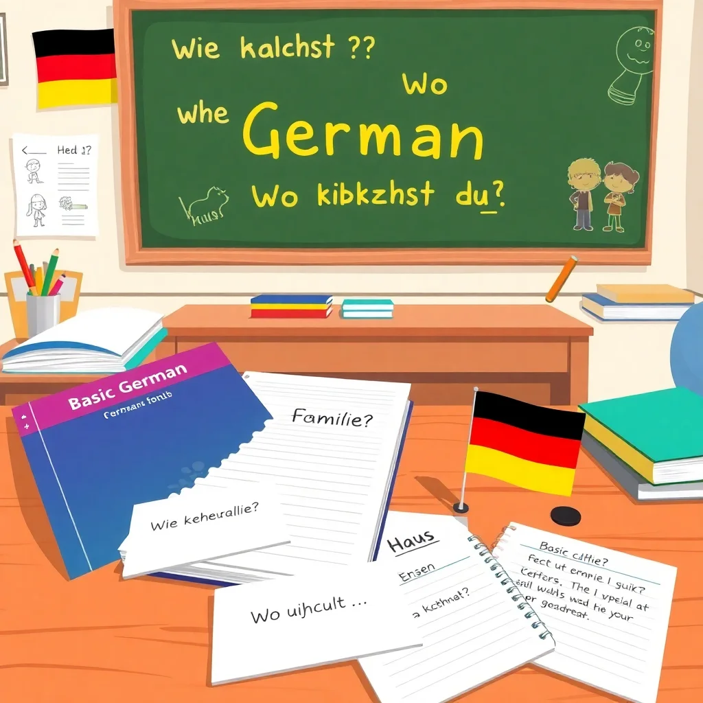 German A1 revision materials including textbooks, flashcards and basic phrases on chalkboard