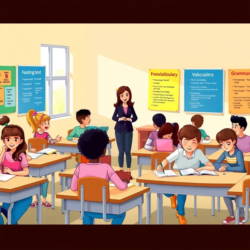 Students taking a French diagnostic assessment in a bright classroom with educational posters