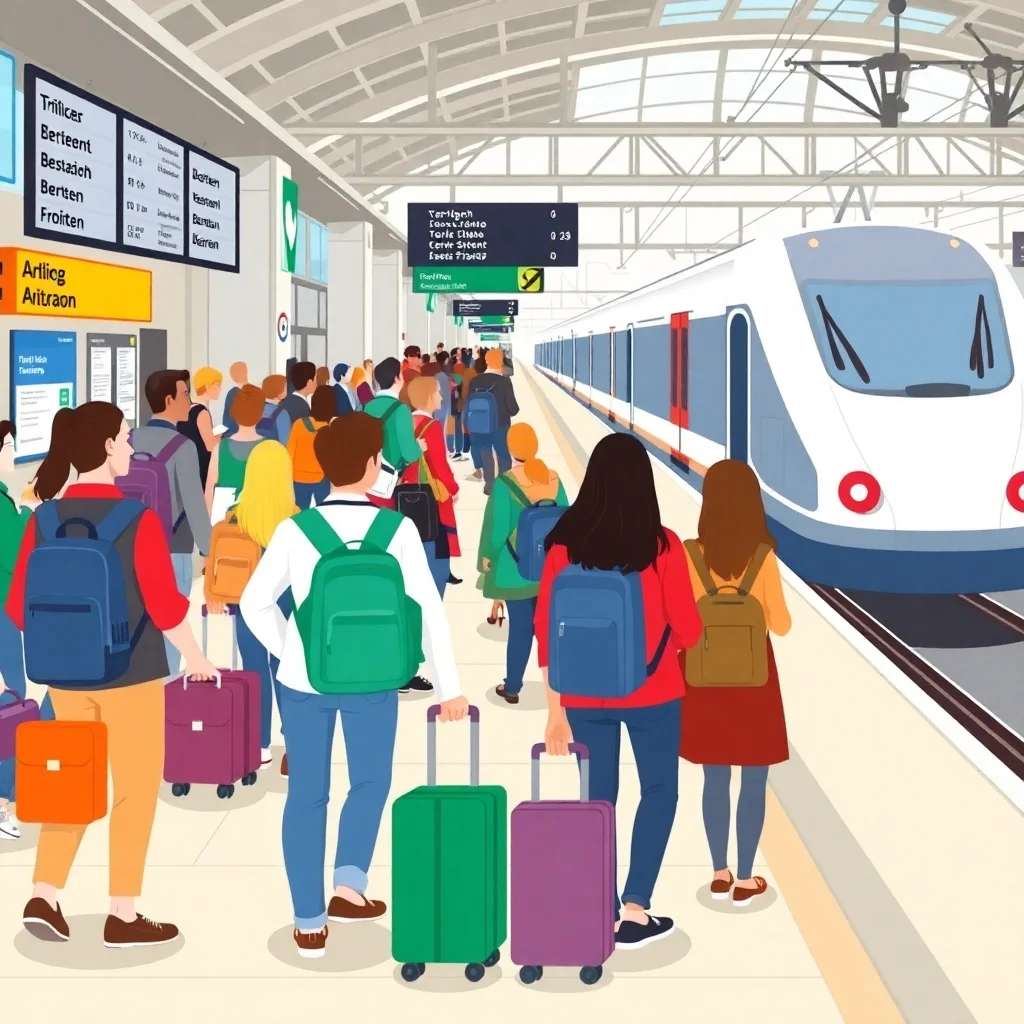 Busy train station with German travelers and signage showing transportation vocabulary