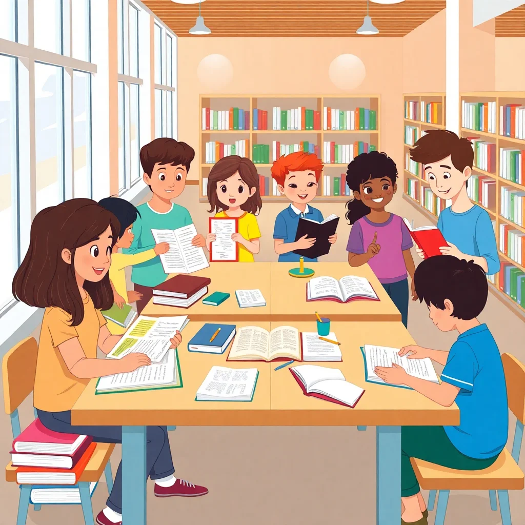 Students practicing various reading strategies in a library environment
