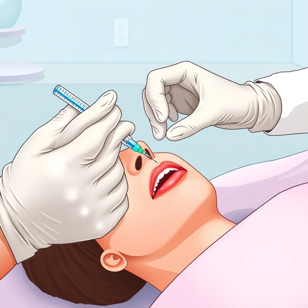 Medical illustration demonstrating proper lip injection technique with hyaluronic acid