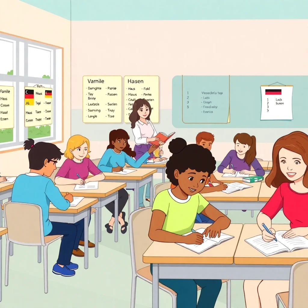 Students taking a German A2 diagnostic test in a classroom with German vocabulary posters