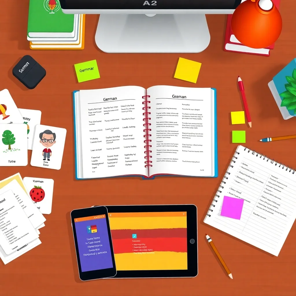 A2 German revision materials and study resources arranged on a desk for language learning