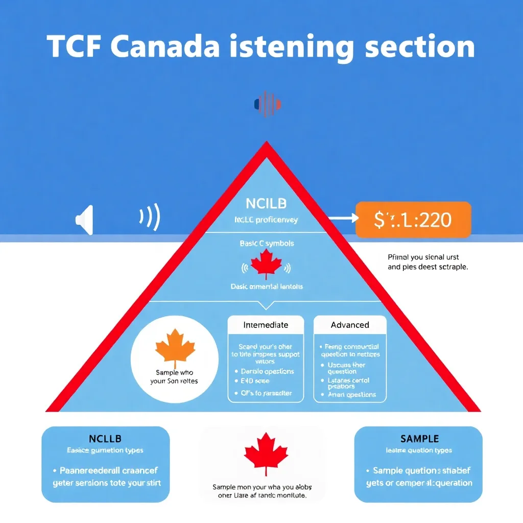 TCF Canada listening format and NCLC proficiency levels infographic