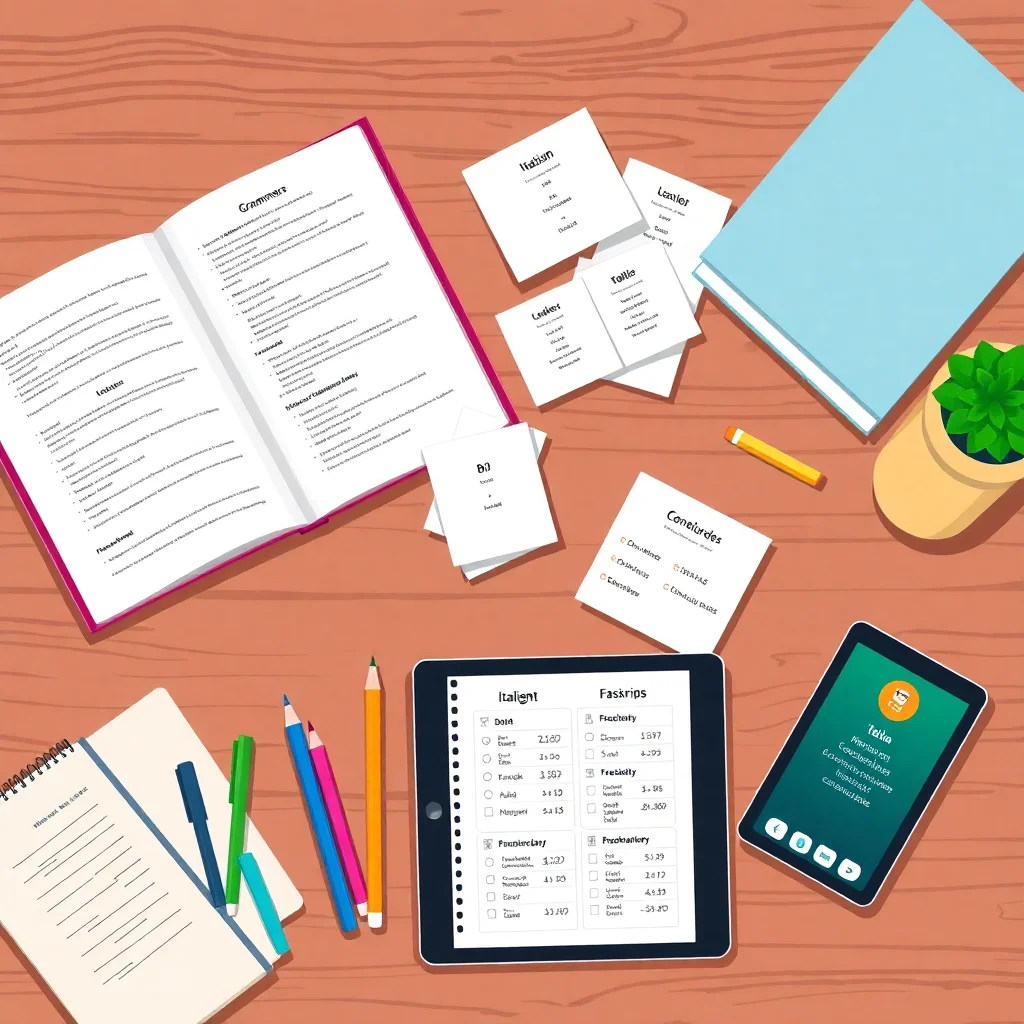 B2 Italian revision materials and study resources arranged on a desk