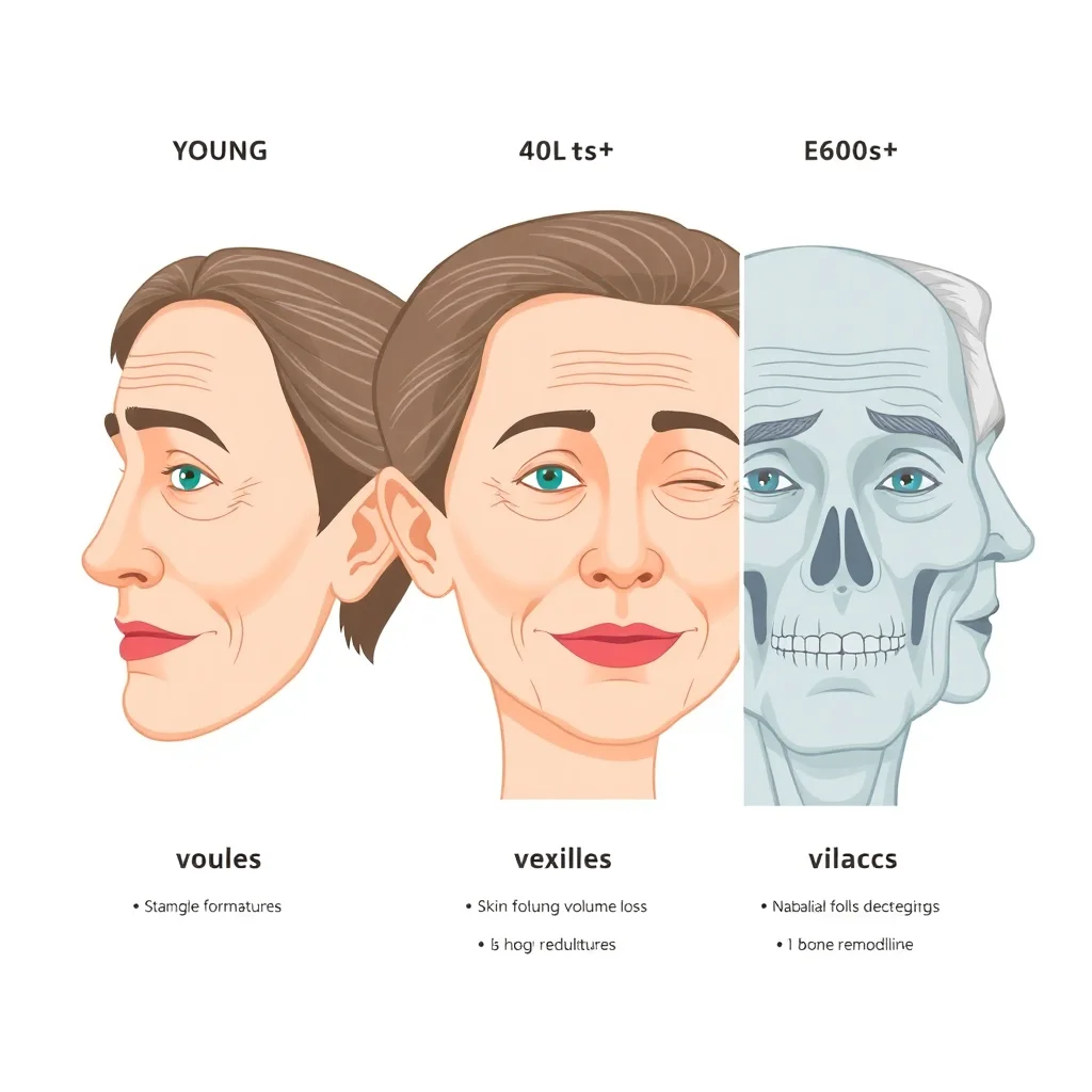 Diagramme médical montrant la progression du vieillissement facial en trois étapes avec les changements anatomiques principaux