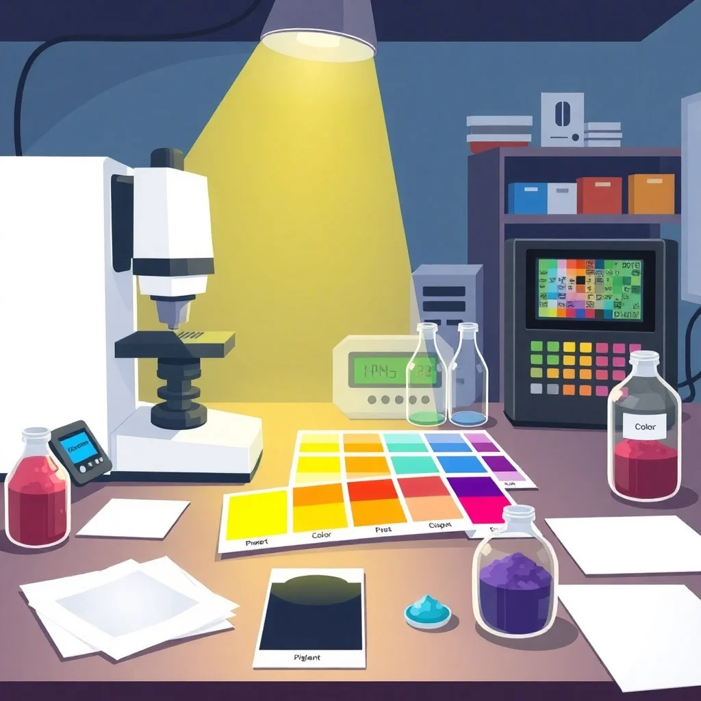 Laboratoire de colorimétrie avec spectrophotomètre analysant des échantillons de peinture et équipements de mesure des couleurs