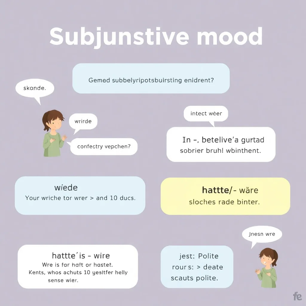 Visual diagram illustrating German subjunctive mood usage with examples and speech bubbles