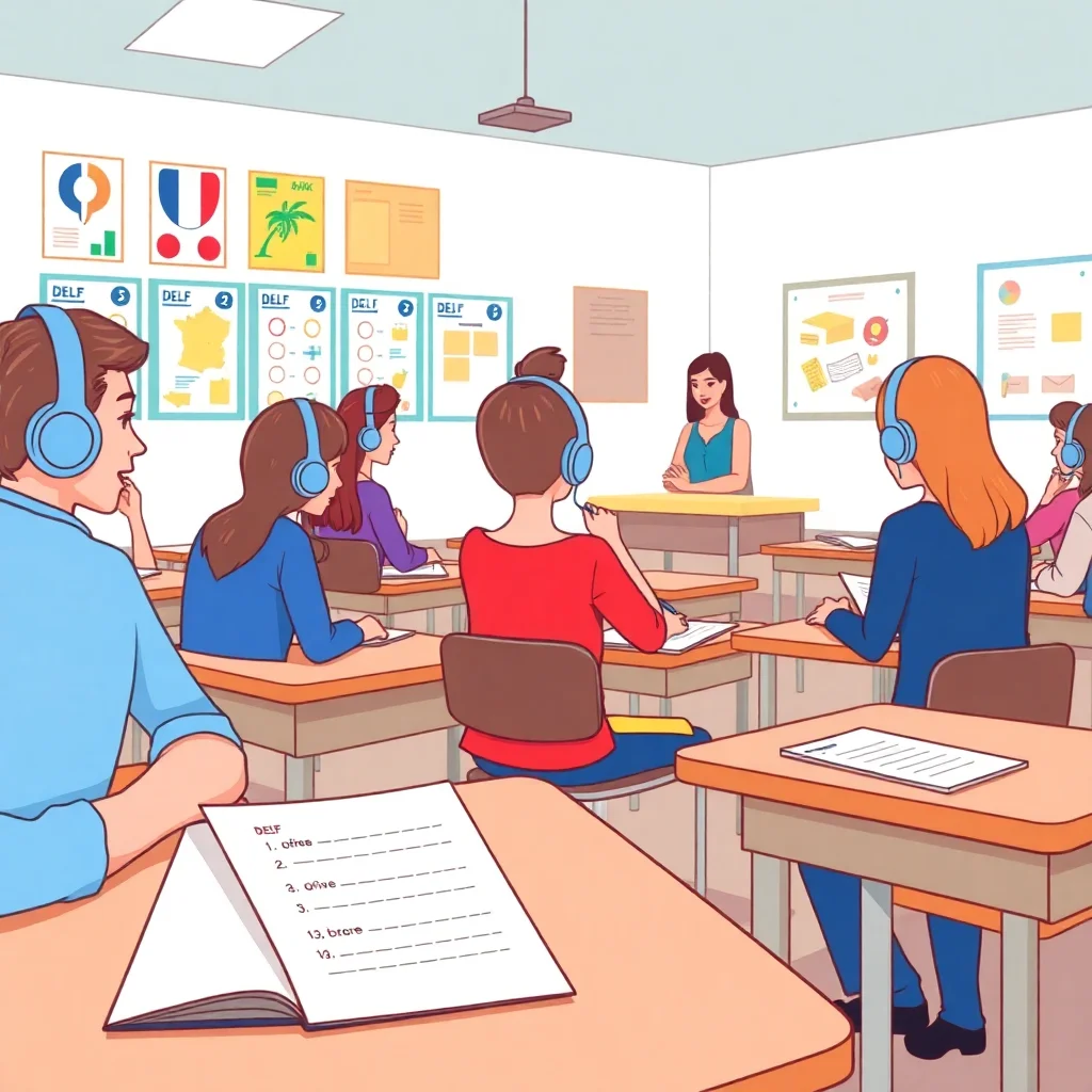 Students taking DELF B1 listening comprehension exam in classroom with headphones and answer sheets