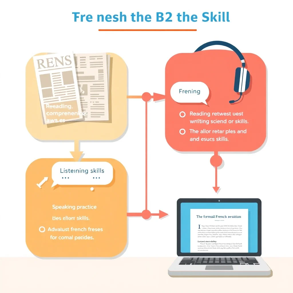 Infographie illustrant le processus de révision des compétences de niveau B2 en français avec les quatre compétences linguistiques