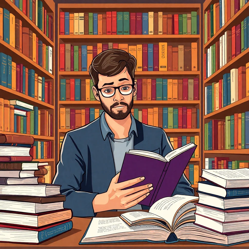 Étudiant de niveau C2 lisant de la littérature française complexe dans une bibliothèque académique