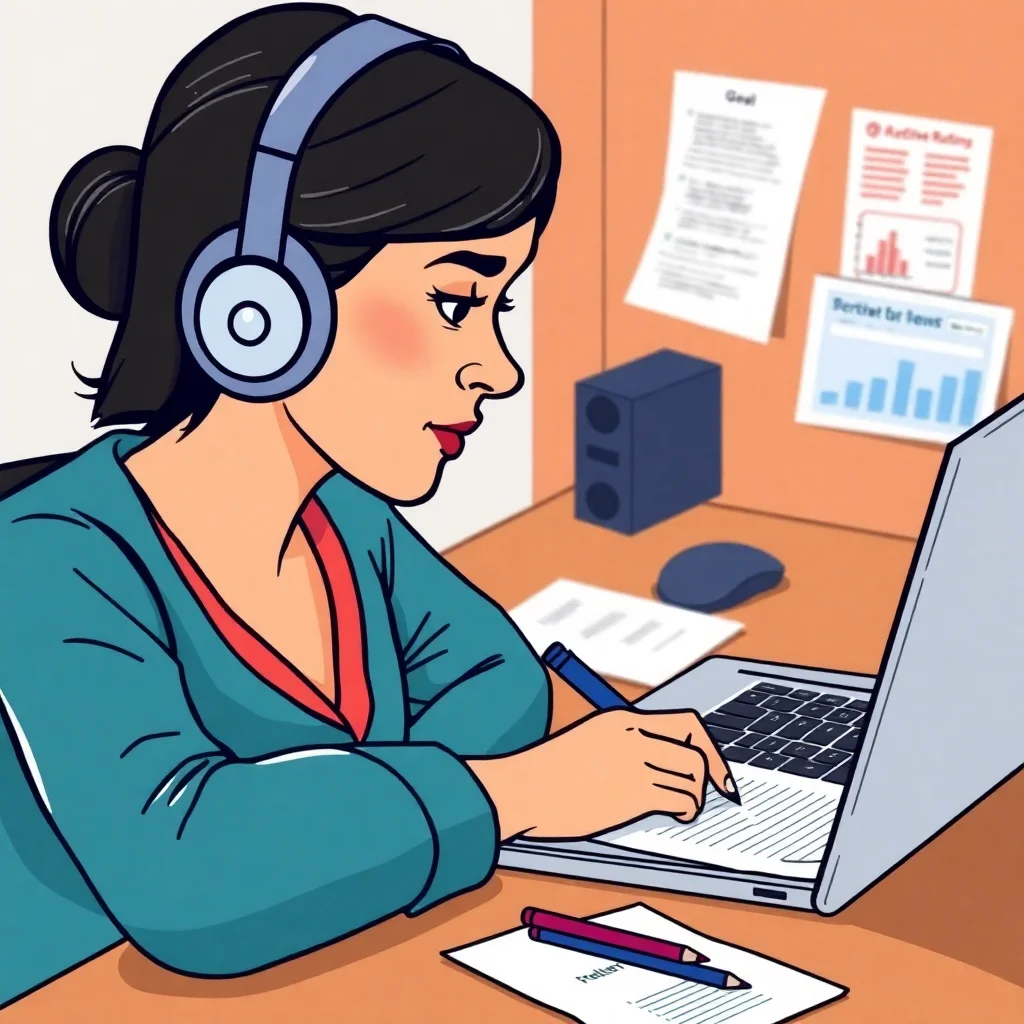 Professional woman actively listening to career development content while taking notes on scoring and objectives