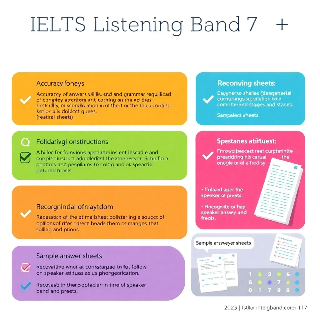 IELTS Listening Band 7+ scoring criteria infographic with assessment components and requirements