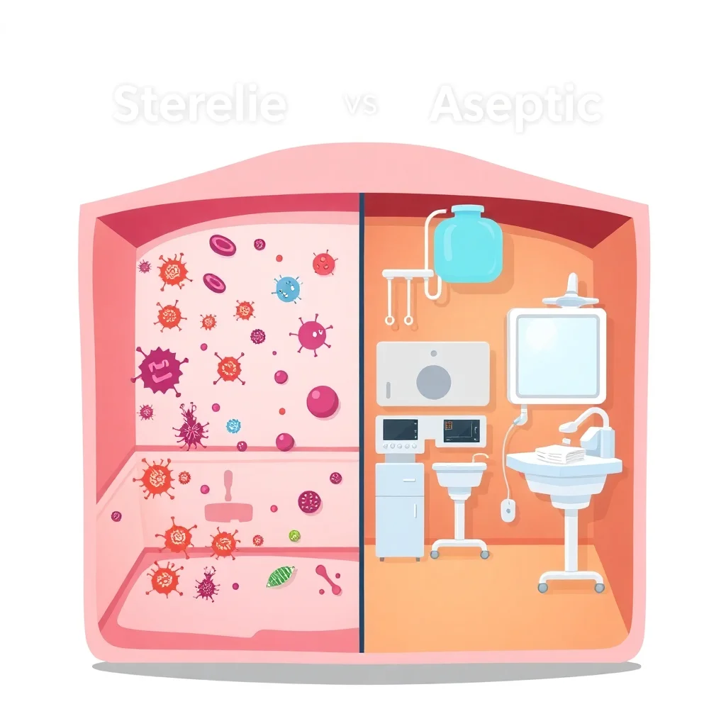 Comparaison visuelle entre environnement aseptique stérile et surface contaminée avec bactéries