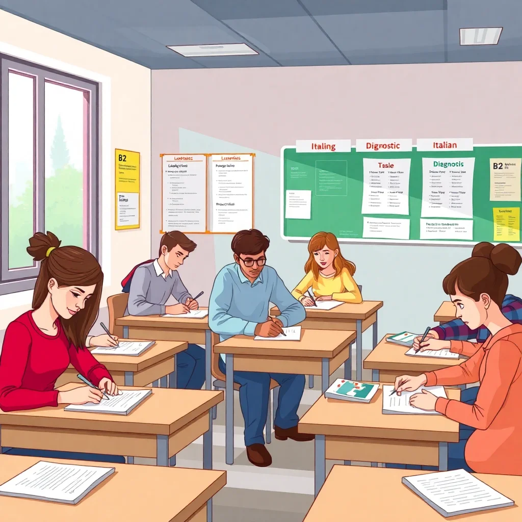 Students taking a B2 Italian diagnostic test in a classroom setting