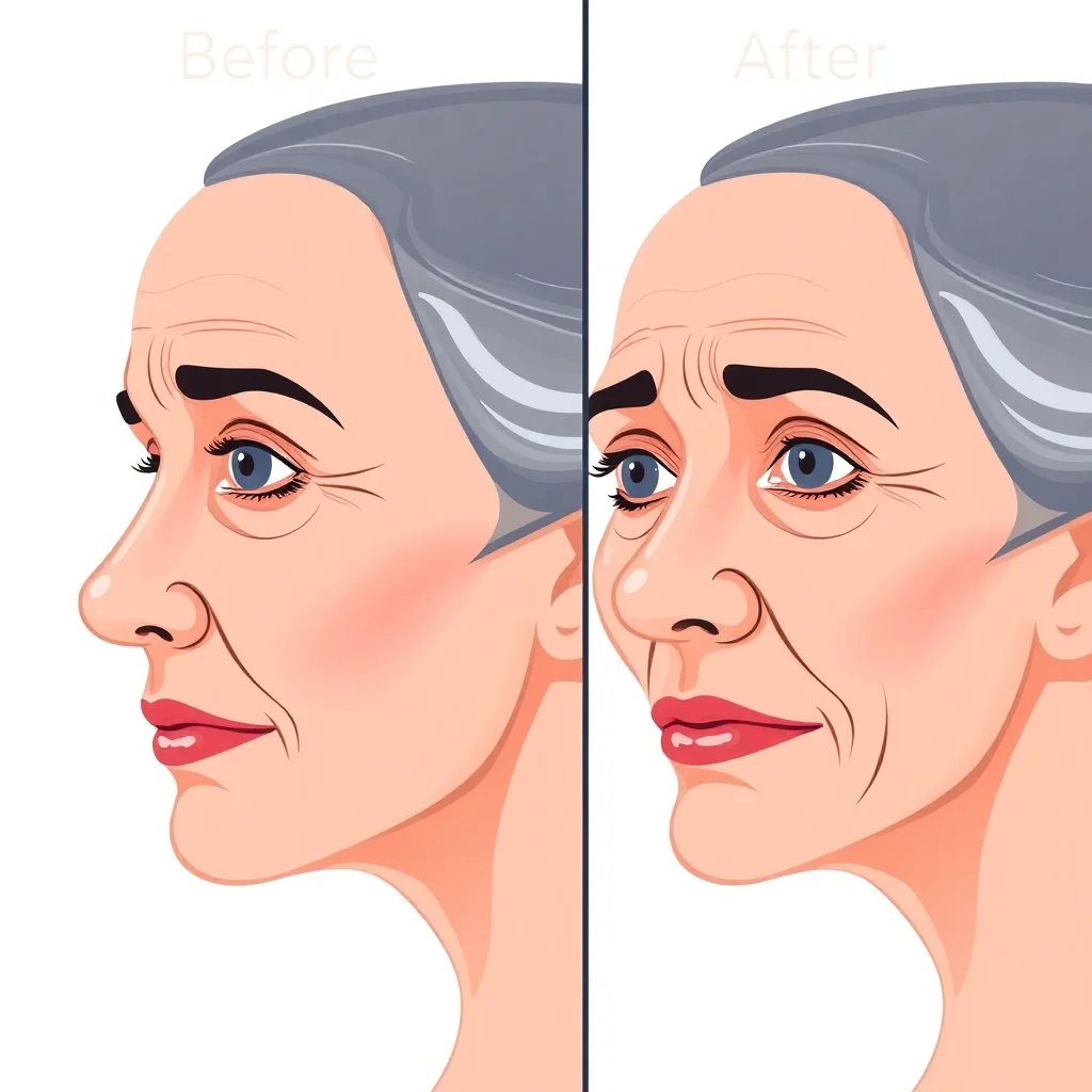 Comparaison avant/après montrant le processus de vieillissement facial avec l'apparition des sillons nasogéniens et des rides marionnettes