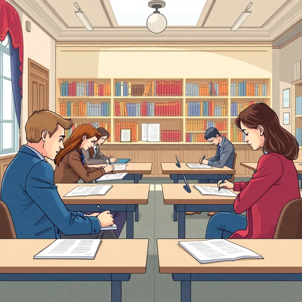 Étudiants passant l'examen DALF C2 dans une salle d'examen universitaire
