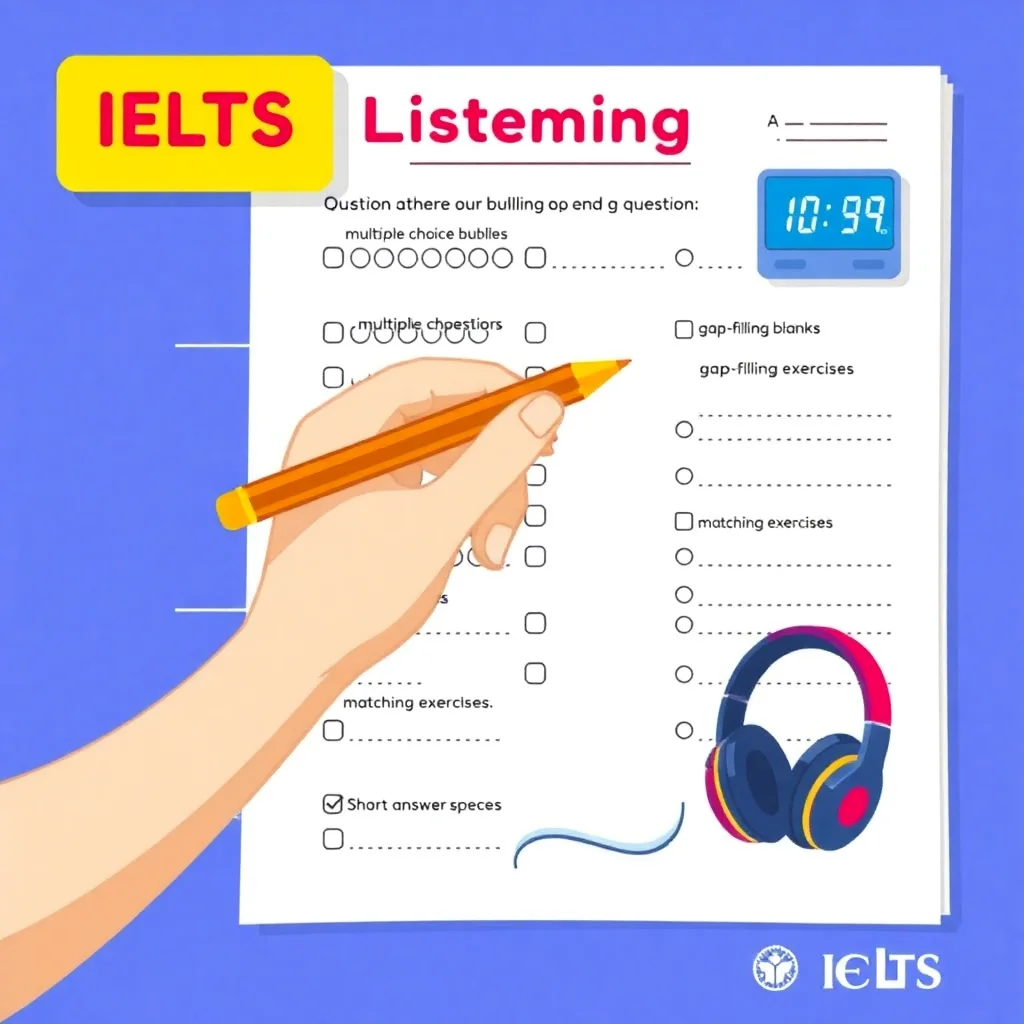 IELTS Listening answer sheet showing various question types and proper answer marking techniques