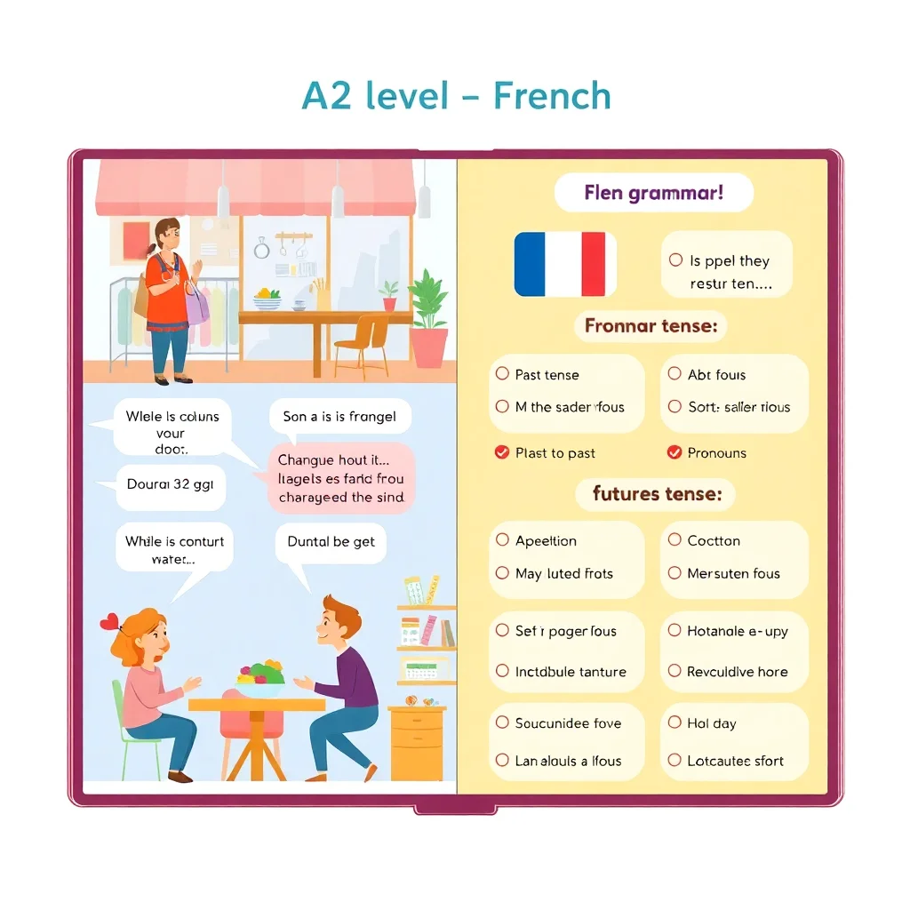Visual review of A2 French language skills including practical situations and grammar concepts
