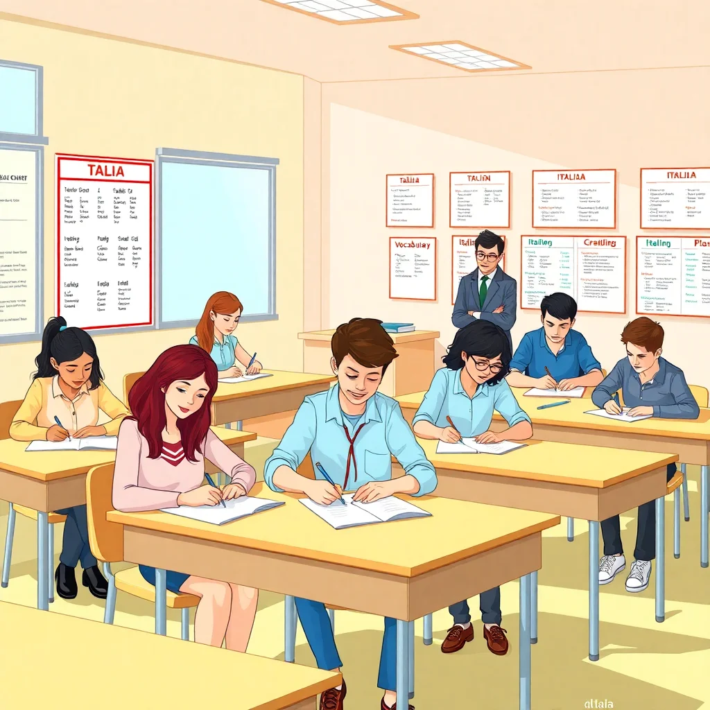 Students taking Italian B1 diagnostic test in classroom setting