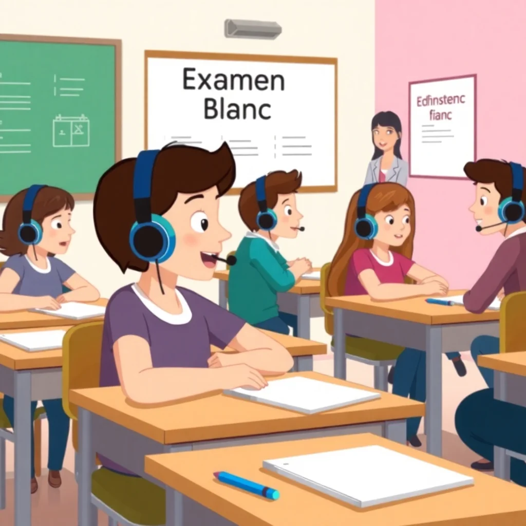 Students taking a French listening exam in a classroom with headphones and test papers