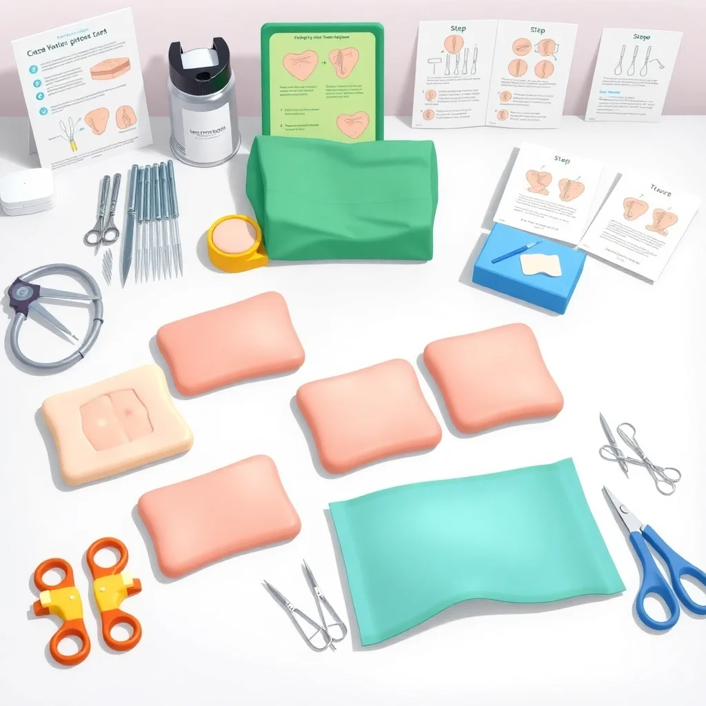 Station d'entraînement médical avec pads de peau synthétique et matériel de suture organisé pour l'apprentissage