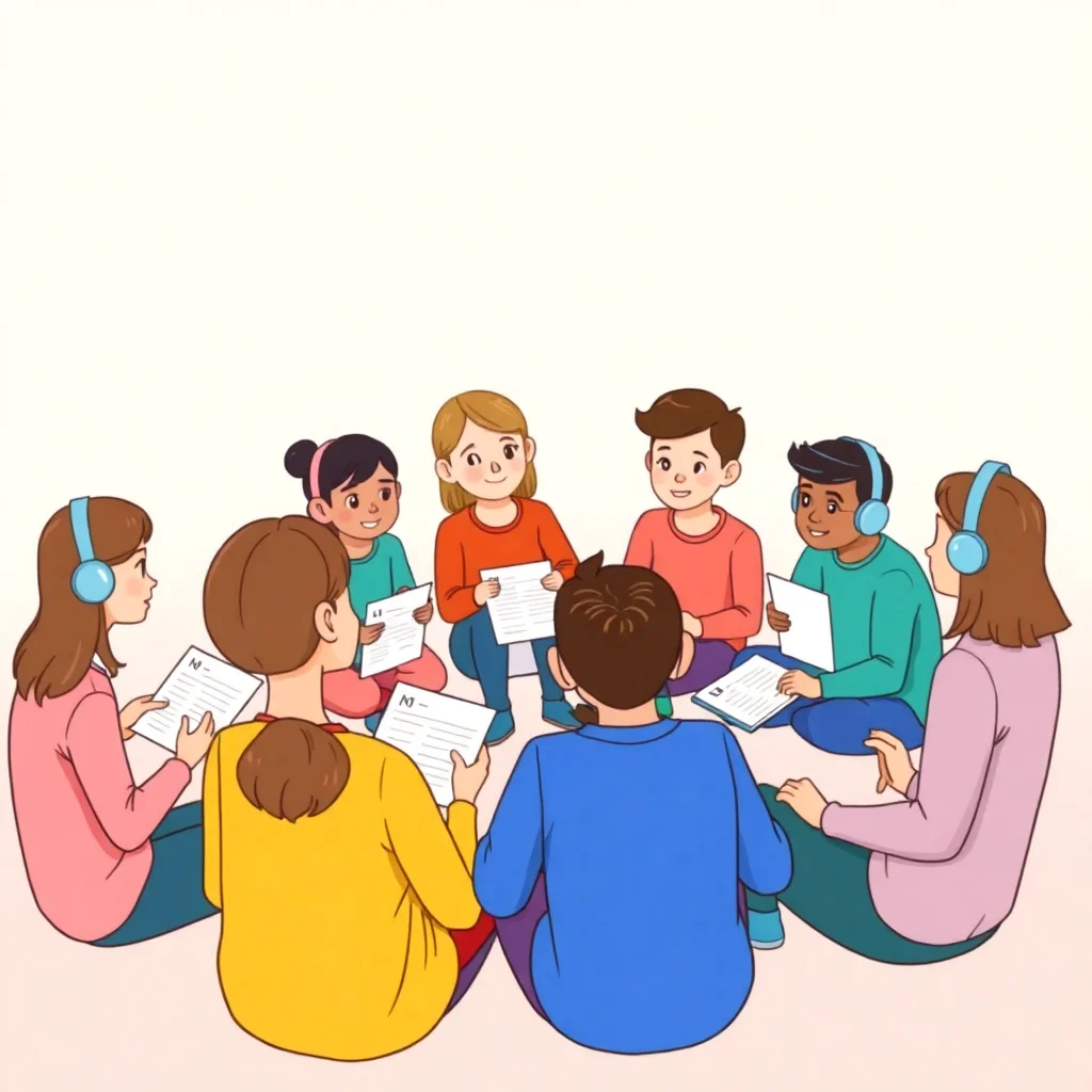 Étudiants révisant en groupe leurs travaux d'écoute précédents