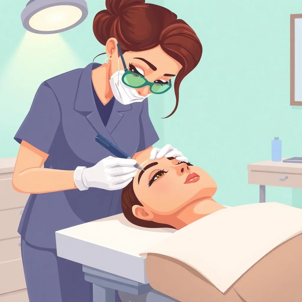 Technicienne réalisant une procédure de maquillage permanent des sourcils sur une cliente