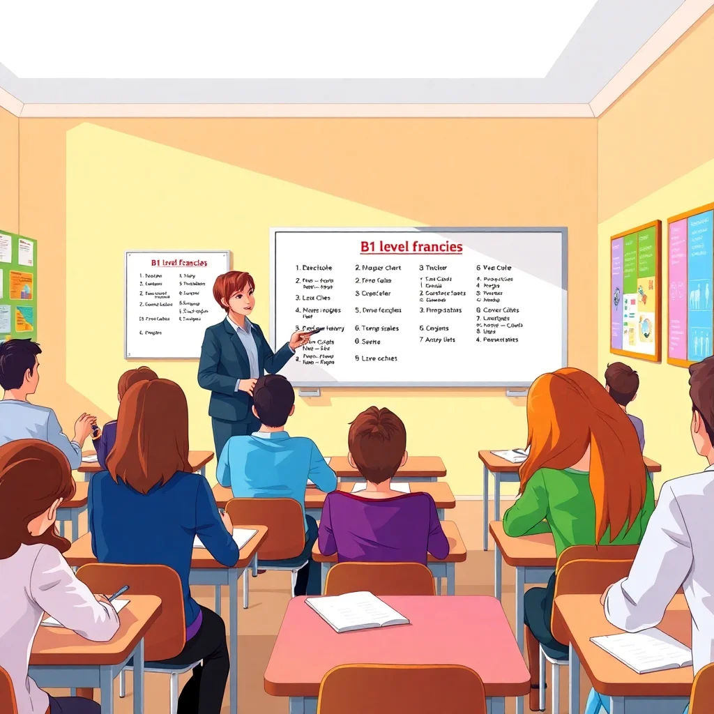 Salle de classe avec professeur de français enseignant des révisions niveau B1, tableau avec exercices de grammaire et vocabulaire, étudiants participant activement