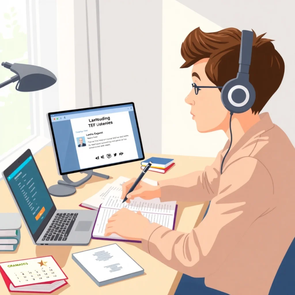 Étudiant concentré avec un casque audio prenant des notes pendant un exercice d'écoute TEF