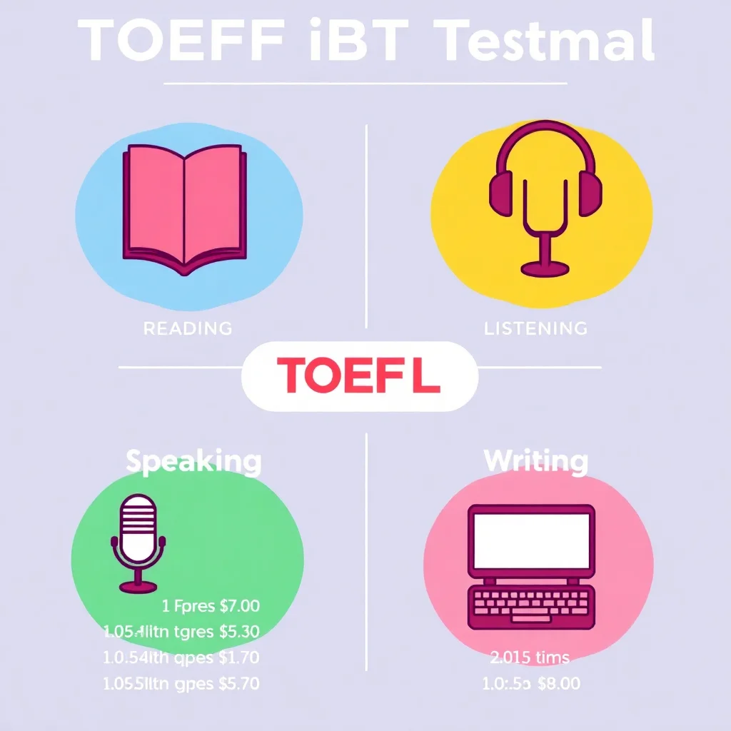 TOEFL iBT test format overview infographic showing all four sections with timing and question details