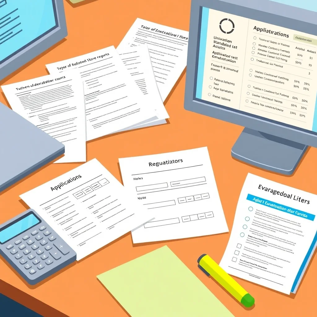 Academic documents and scoring materials on an admissions counselor's desk showing university requirements evaluation
