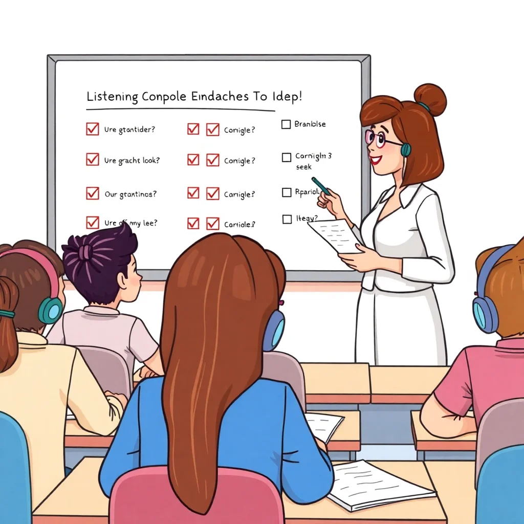 Professeur corrigeant des exercices d'écoute avec les étudiants au tableau