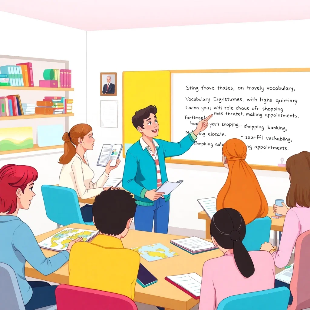 Intermediate English students practicing real-life scenarios including job interviews, travel situations, and everyday tasks in a classroom setting