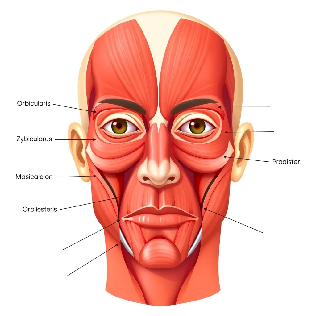 Illustration anatomique détaillée des muscles faciaux en vue frontale avec étiquetage des principaux muscles superficiels