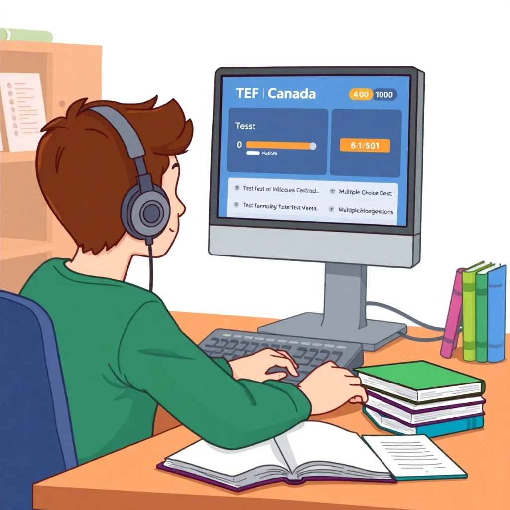 Étudiant passant le test d'écoute du TEF Canada sur ordinateur avec casque audio
