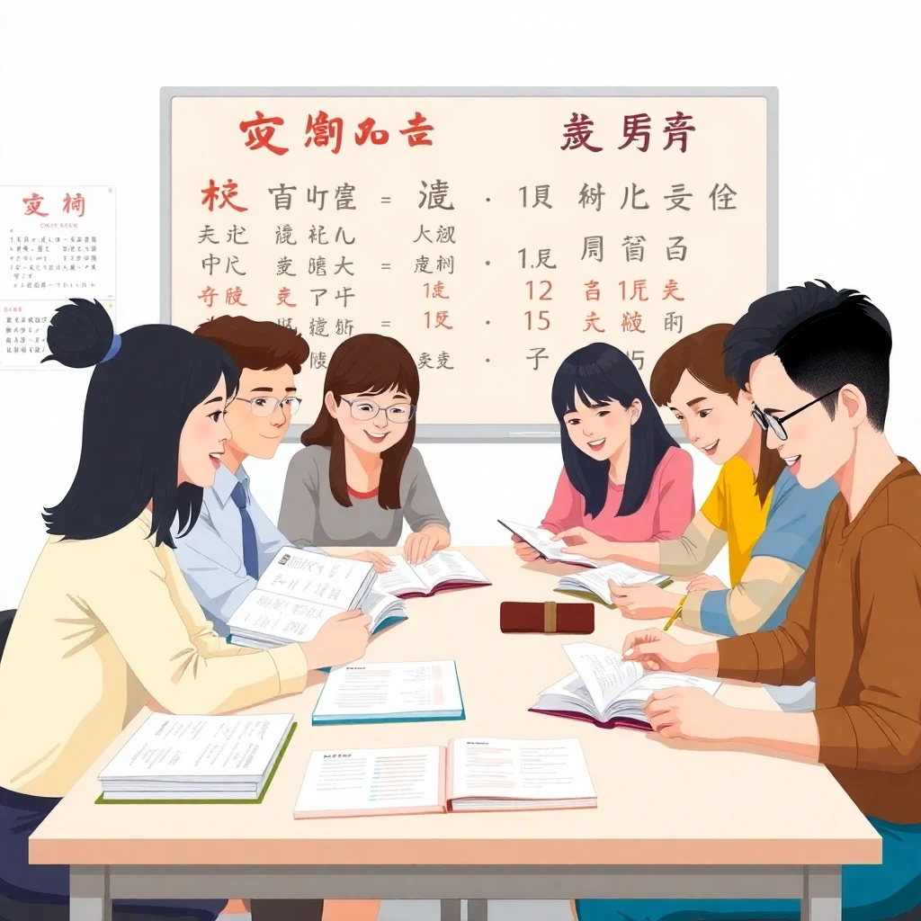 B2 Chinese language students reviewing materials in a modern classroom setting