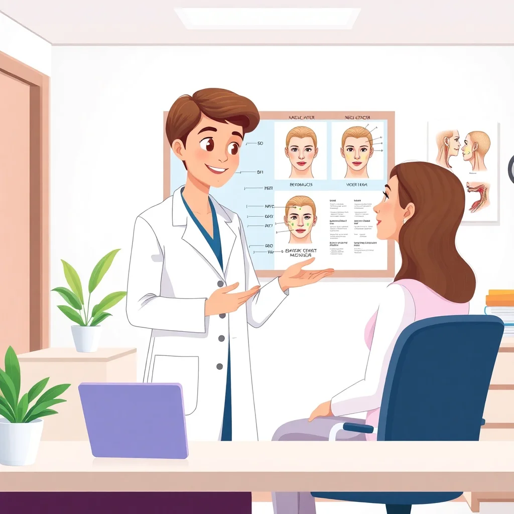 Médecin expliquant le traitement Botox à un patient avec des diagrammes anatomiques en arrière-plan