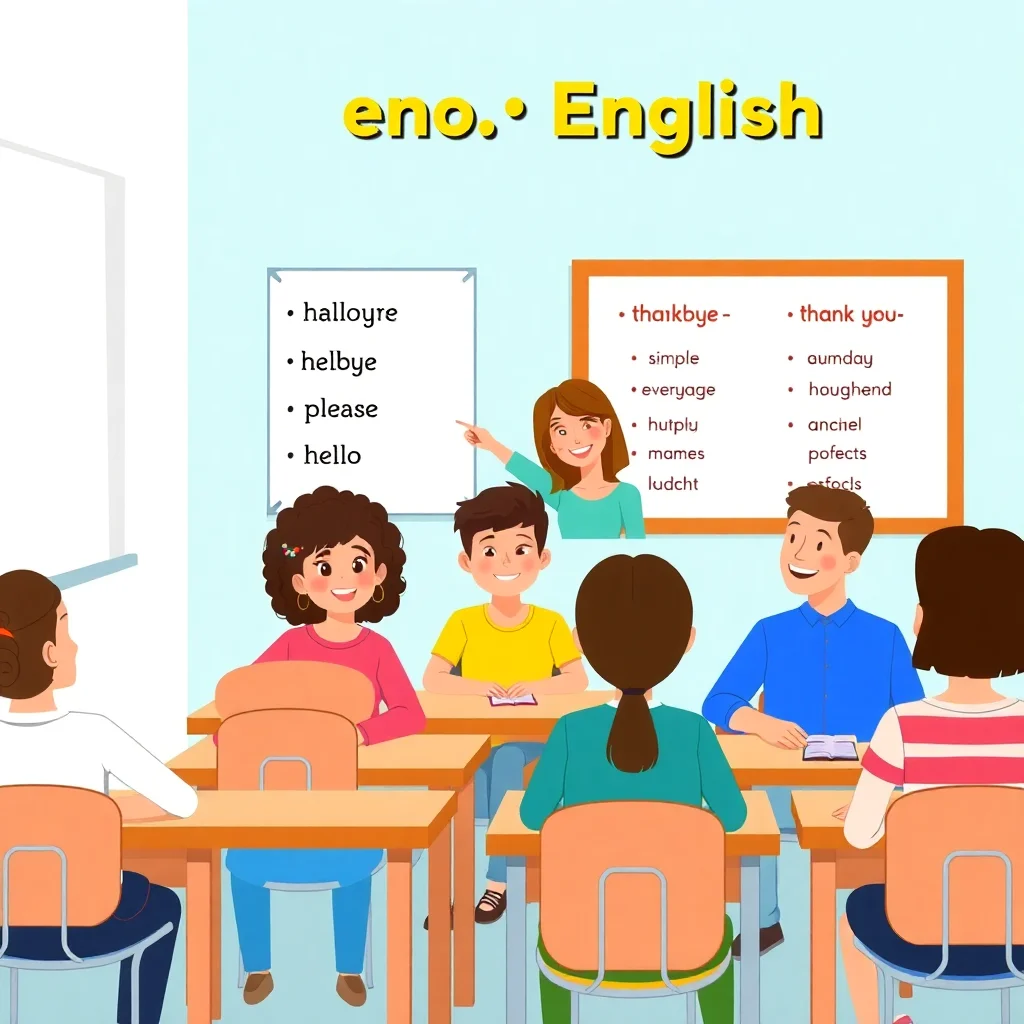 English classroom with teacher and students learning basic vocabulary words on whiteboard