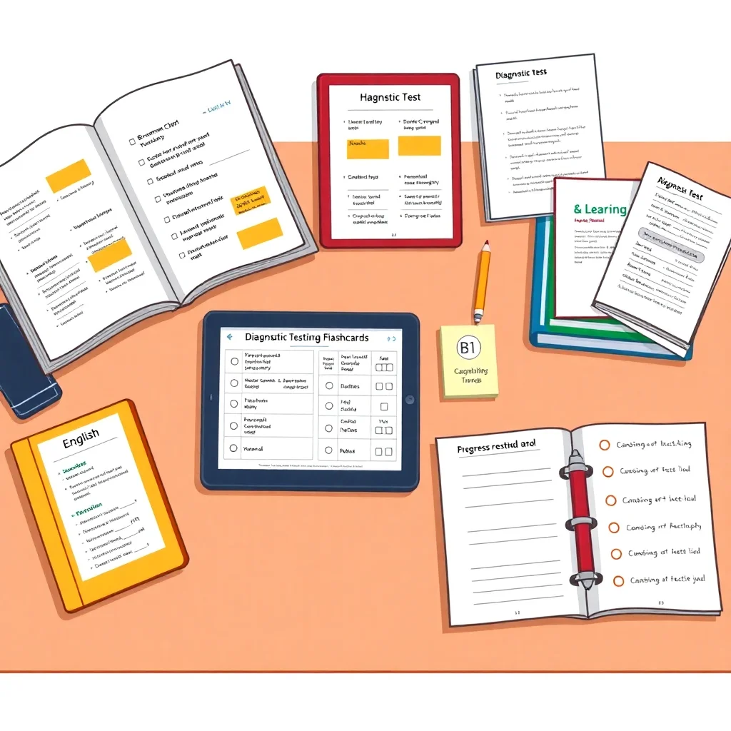 Study materials and diagnostic tools arranged for B1 English level revision and assessment