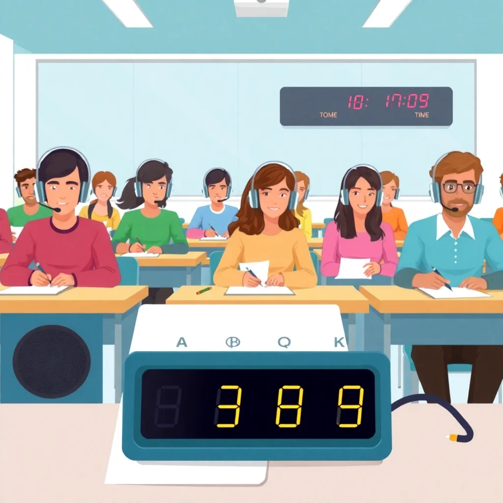 Students taking TOEIC listening test in classroom with answer sheets and headphones