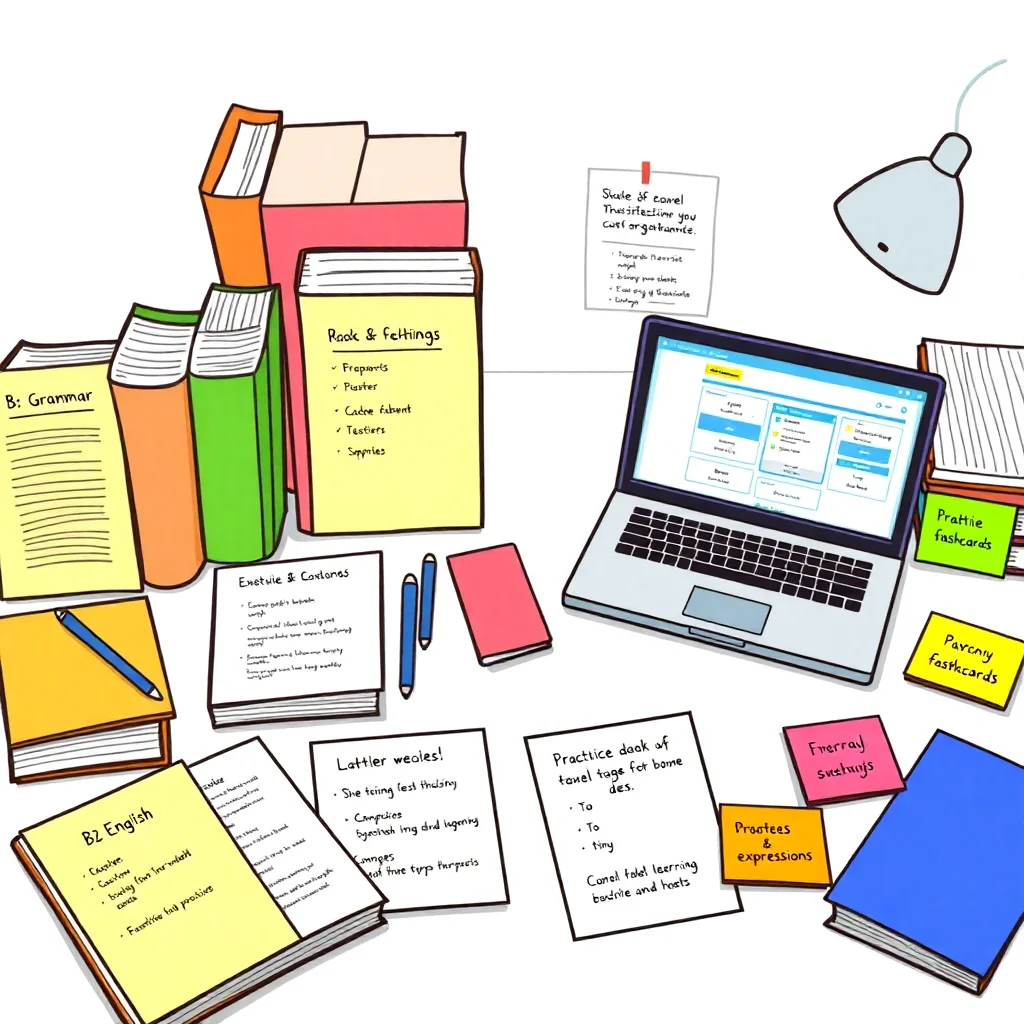 B2 English revision materials and diagnostic tools arranged on a study desk for language assessment
