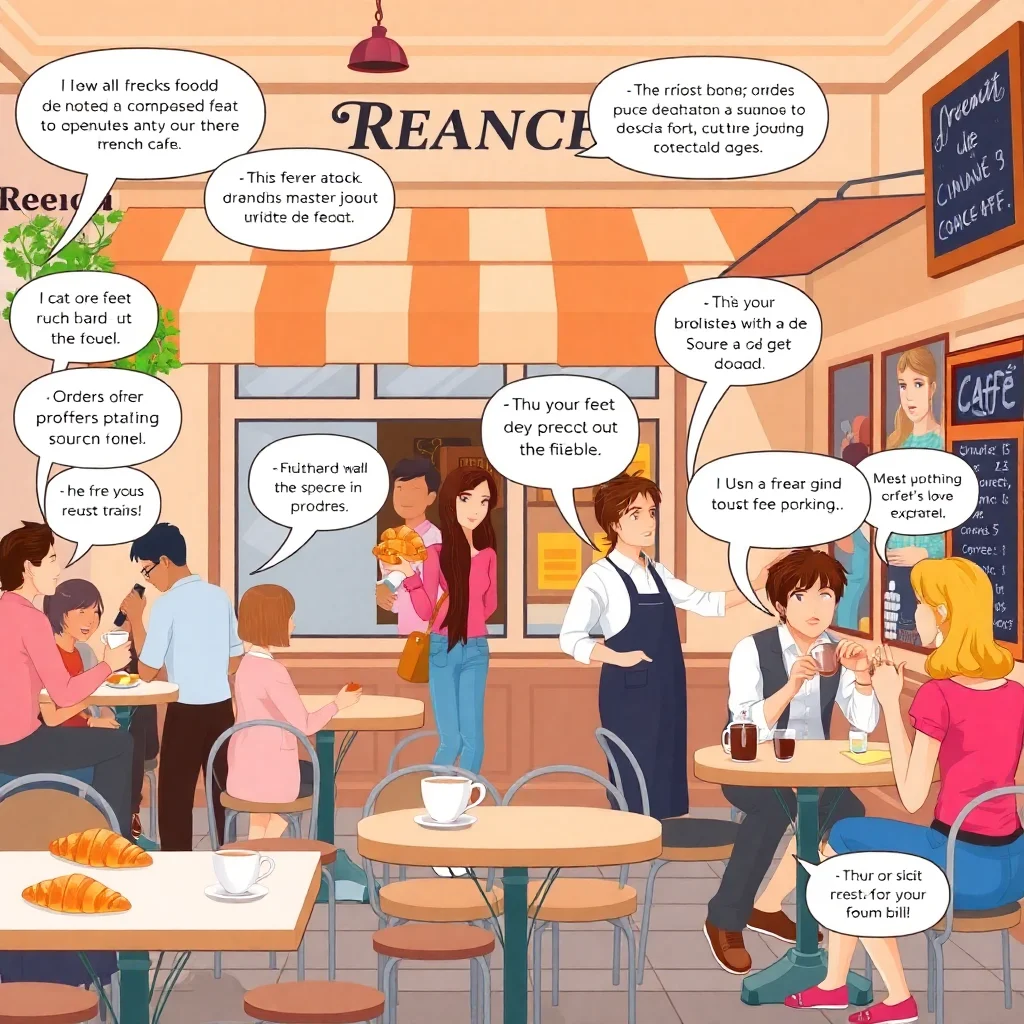 Scene of a French café with customers and staff interacting, showing typical everyday conversations and ordering situations