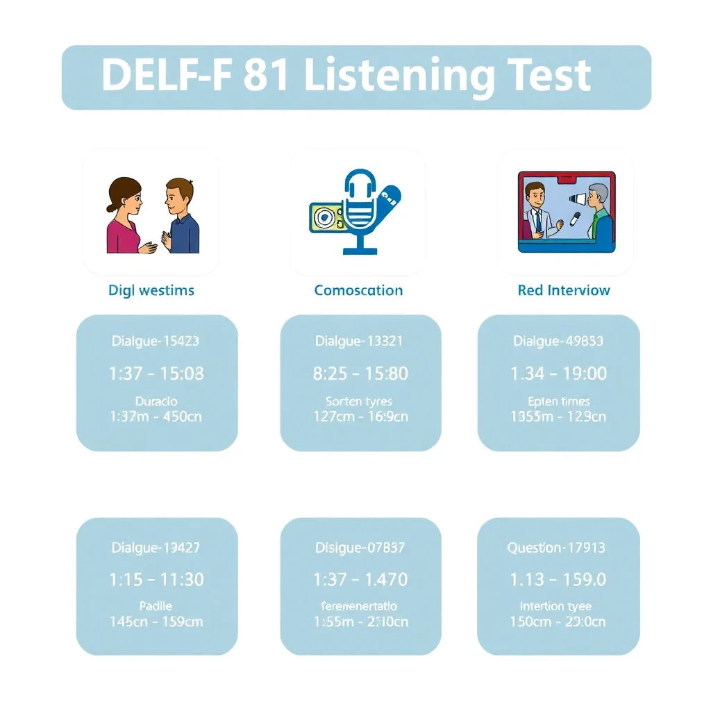 Visual breakdown of DELF B1 listening test format showing three sections with timing and question types