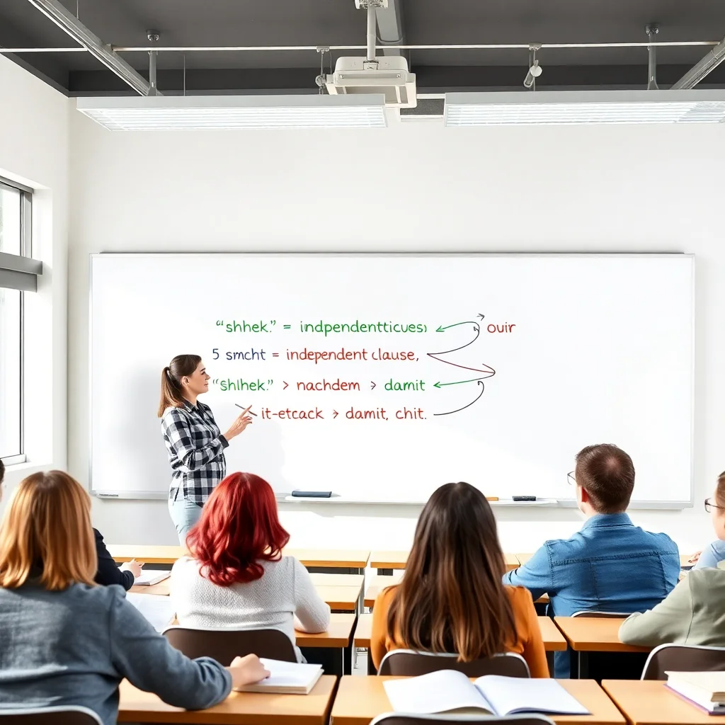 German teacher explaining advanced grammar structures with conjunctions and sentence connections on whiteboard