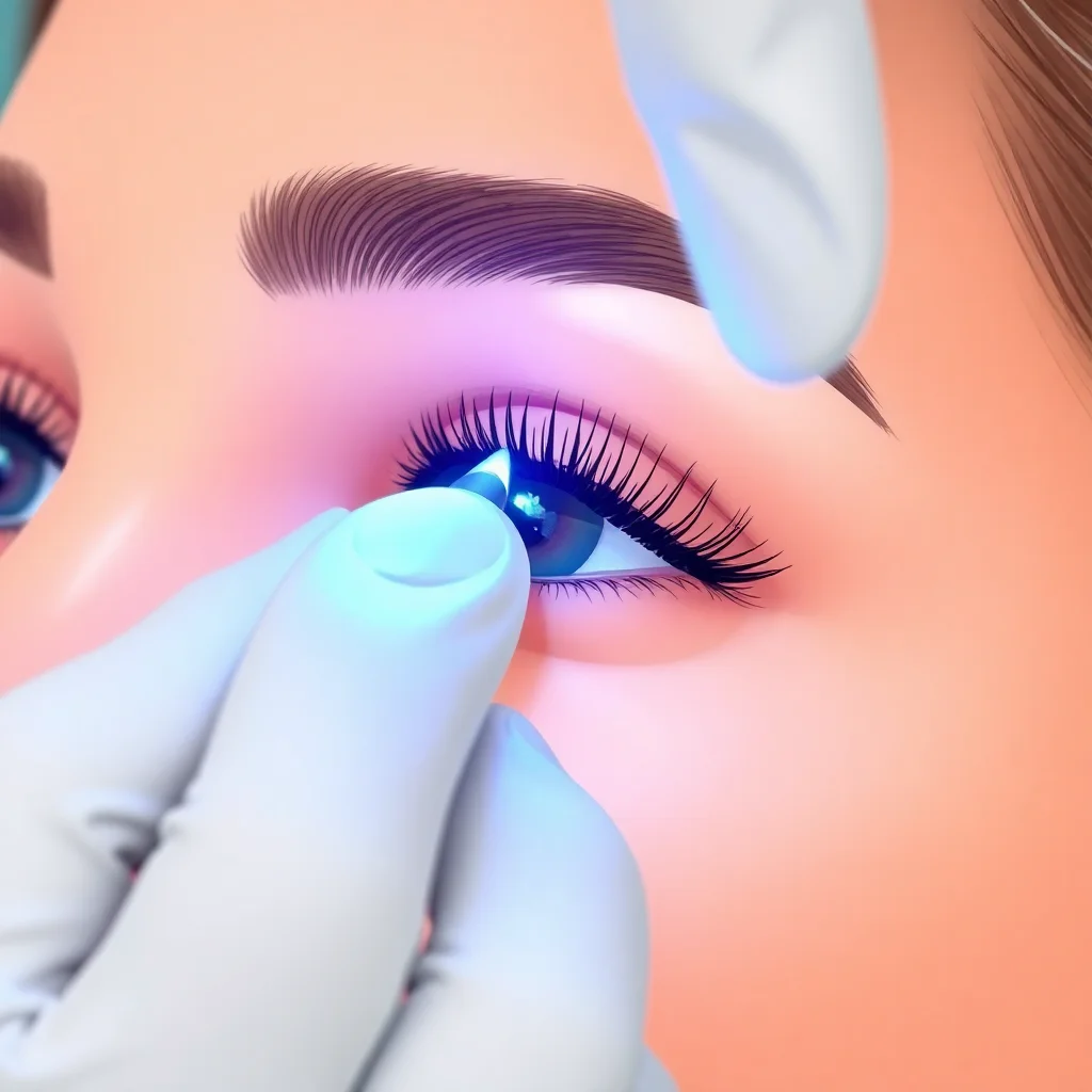 Vue rapprochée d'une esthéticienne réalisant la technique de microblading poil par poil sur un sourcil avec un stylo de microblading